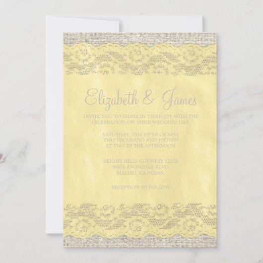 Invitations de mariage de dentelle rustique jaune (Devant)