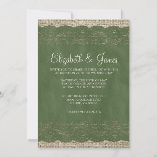 Invitations de mariage de dentelle rustique verte (Devant)