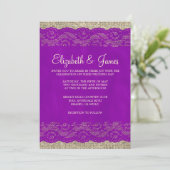 Invitations de mariage de dentelle rustique violet (Debout devant)