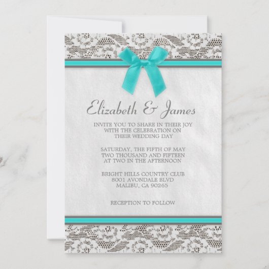 Invitations de mariage de dentelle Turquoise et ar (Devant)