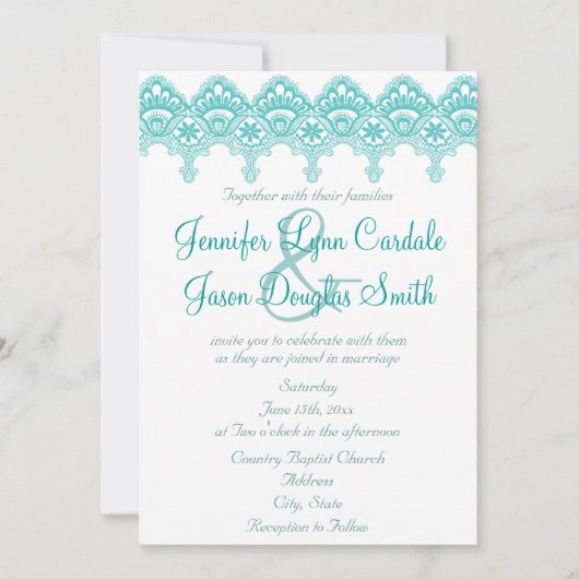 Invitations de mariage de dentelle Turquoise et él (Devant)