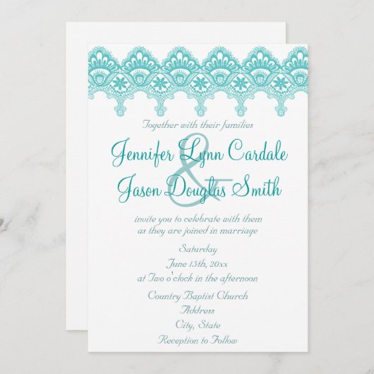Invitations de mariage de dentelle Turquoise et él (Devant / Derrière)