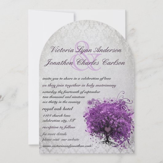 Invitations de mariage de feuilles de coeur violet (Dos)