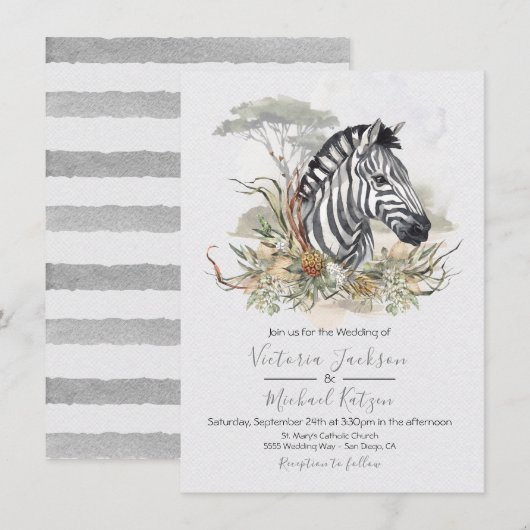 Invitations de mariage de la Jungle tropicale Zebr (Devant / Derrière)