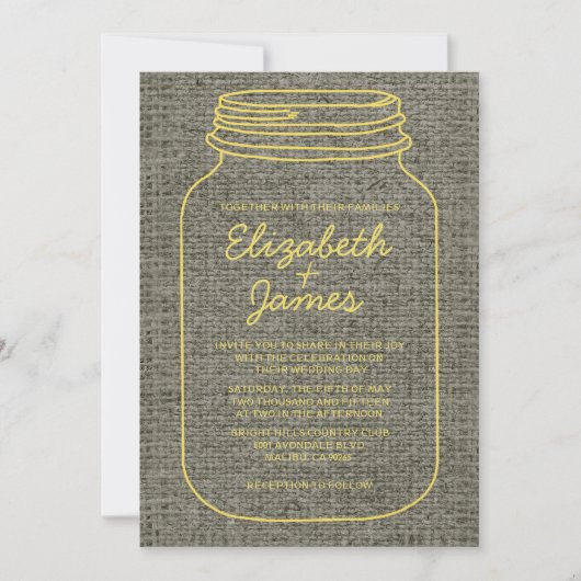 Invitations de mariage de Mason Jar Burlap, Russe (Devant)