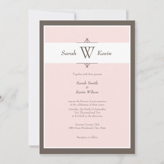 Invitations de mariage de monogrammes roses et tau (Devant)