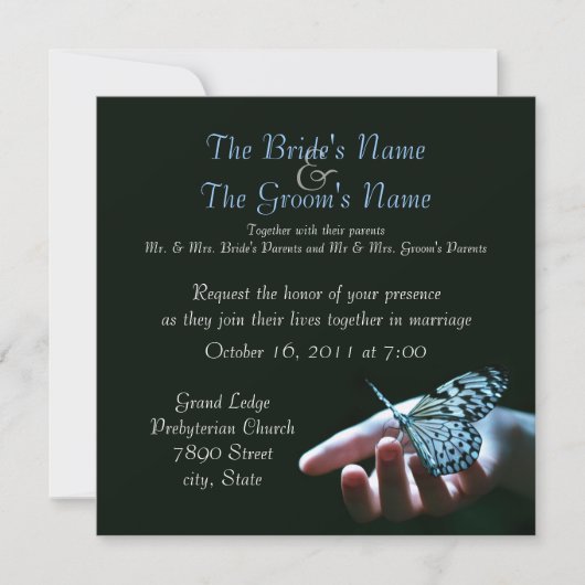 invitations de mariage de noir bleu de papillon (Devant)