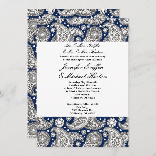 Invitations de mariage de Paisley de marine (Devant / Derrière)
