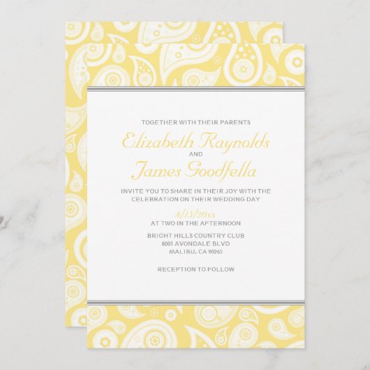 Invitations de mariage de Paisley jaune (Devant / Derrière)