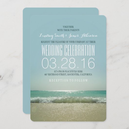 Invitations de mariage de plage moderne avec mer t (Devant / Derrière)