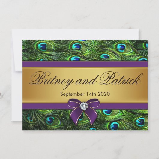 Invitations de mariage de plume de paon de pourpre (Devant)