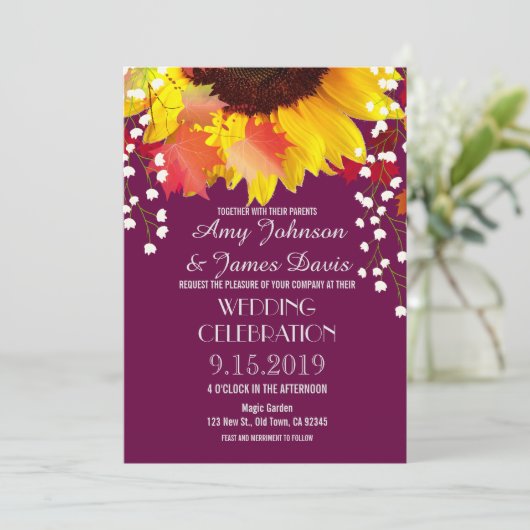 Invitations de mariage de prune de tournesol rusti (Debout devant)