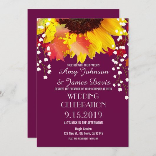 Invitations de mariage de prune de tournesol rusti (Devant / Derrière)