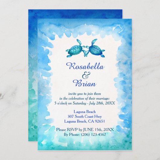 Invitations de mariage de tortues marines - bleu e (Devant / Derrière)