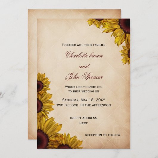 Invitations de mariage de tournesol rustique (Devant / Derrière)