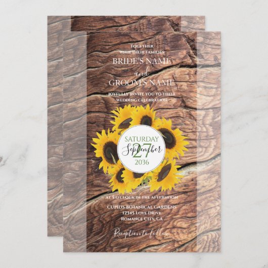 Invitations de mariage de tournesol rustique (Devant / Derrière)