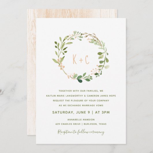 Invitations de mariage de verdure Wreath - Peach (Devant / Derrière)