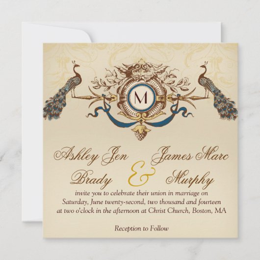 Invitations de mariage des Carrés de Peacock Vinta (Devant)