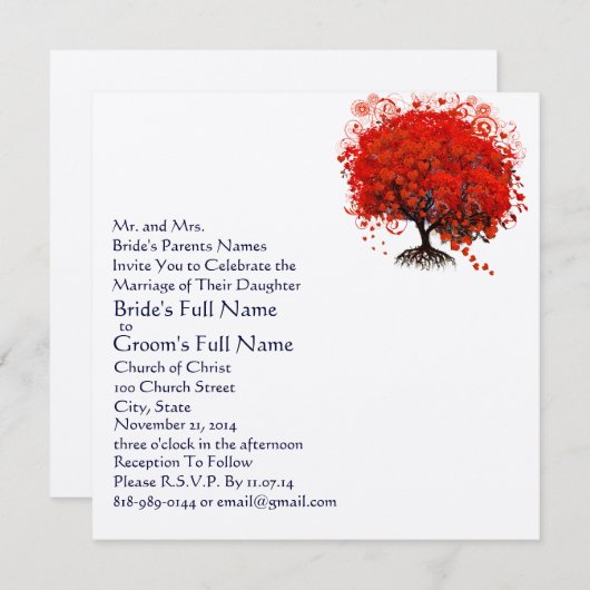 Invitations de mariage des feuilles de coeur rouge (Devant / Derrière)