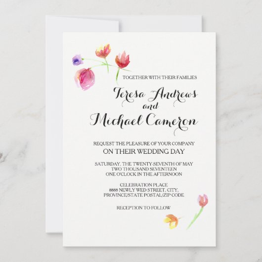 Invitations de mariage des fleurs d'aquarelle (Devant)