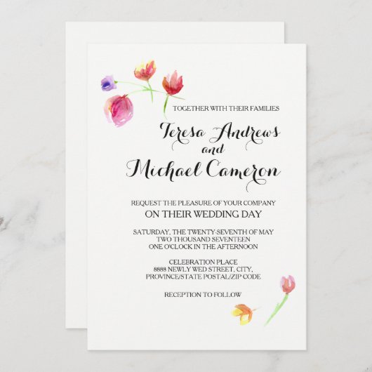 Invitations de mariage des fleurs d'aquarelle (Devant / Derrière)