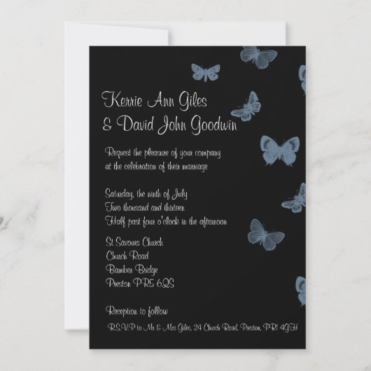 Invitations de mariage des papillons noirs et bleu (Devant)