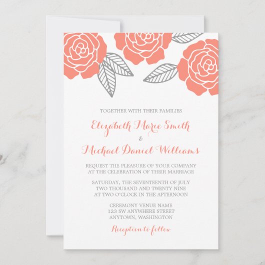 Invitations de mariage des Roses gris et corail mo (Devant)