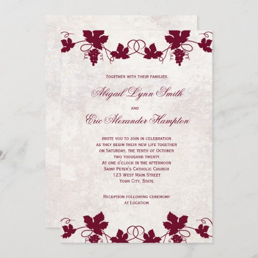 Invitations de mariage des vignes (Devant / Derrière)