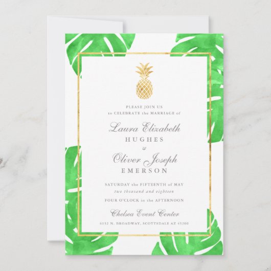 Invitations de mariage d'or à ananas tropical (Devant)