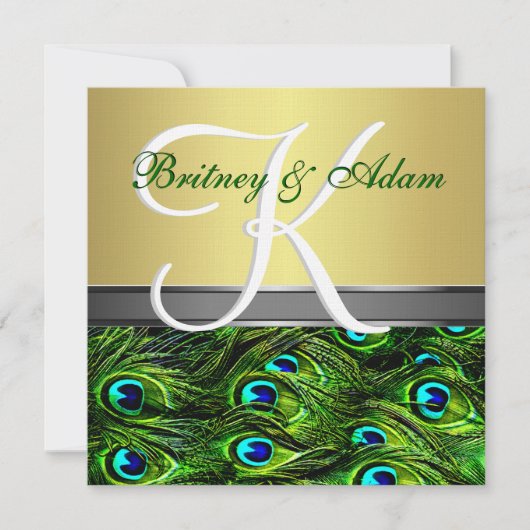 Invitations de mariage d'or et de paon de vert (Devant)