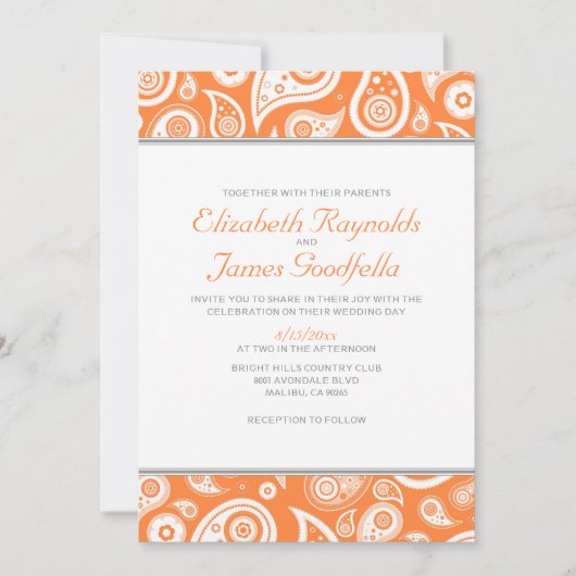 Invitations de mariage d'Orange Paisley (Devant)