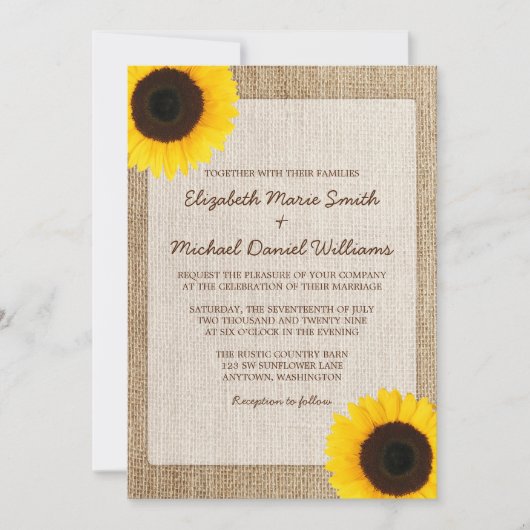 Invitations de mariage du tournesol de Burlap en R (Devant)