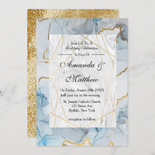 Invitations de mariage Dusty Blue et Gold Marble