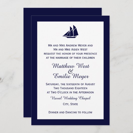 Invitations de mariage en bateau à voile bleu de l (Devant / Derrière)