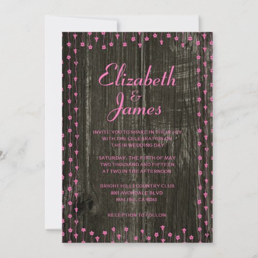 Invitations de mariage en bois rose et noir rustiq (Devant)
