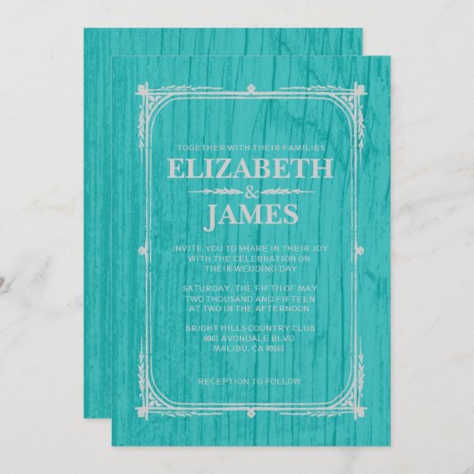 Invitations de mariage en bois rustique Turquoise  (Devant / Derrière)