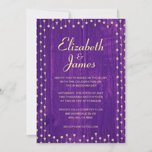 Invitations de mariage en bois rustique violet et (Devant)
