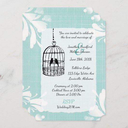 Invitations de mariage en cage à oiseaux turquoise (Devant / Derrière)