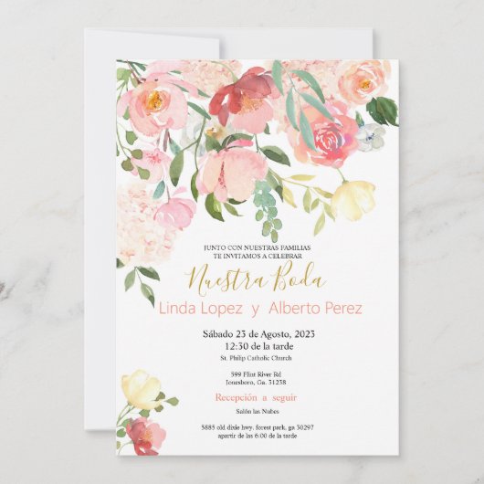 Invitations de mariage en espagnol rose (Devant)
