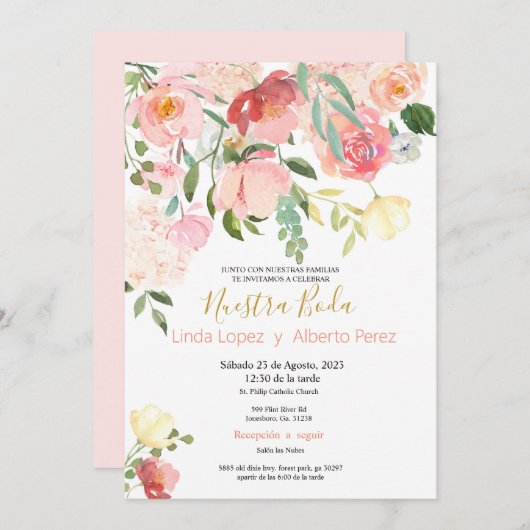 Invitations de mariage en espagnol rose (Devant / Derrière)