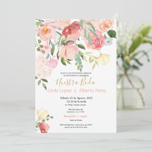 Invitations de mariage en espagnol rose (Debout devant)
