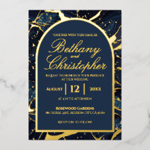 Invitations de mariage en marbre bleu et or Marine