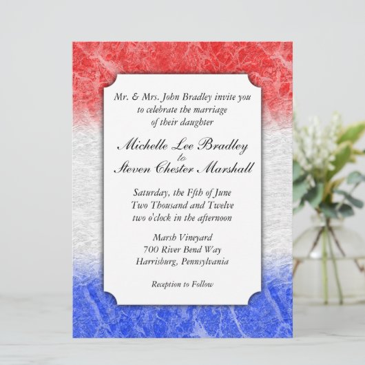 Invitations de mariage en marbre rouge blanc et bl (Debout devant)
