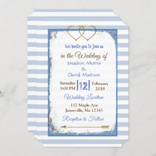 Invitations de mariage en or rayé bleu et blanc