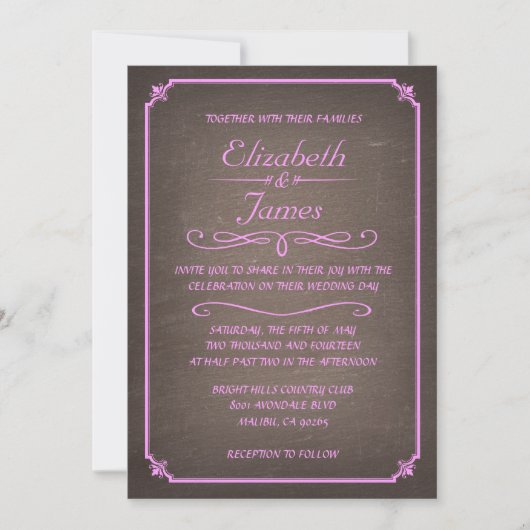 Invitations de mariage en tableau de bord rose et (Devant)