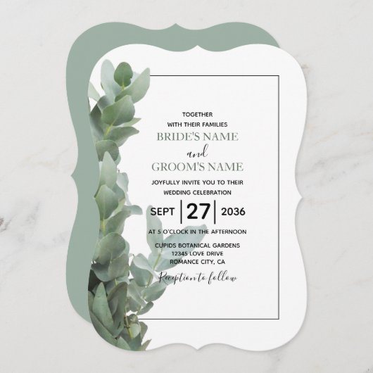 Invitations de mariage Eucalyptus Dollar Argent (Devant / Derrière)