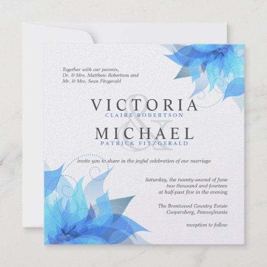 Invitations de mariage floral blanc et bleu profon (Devant)