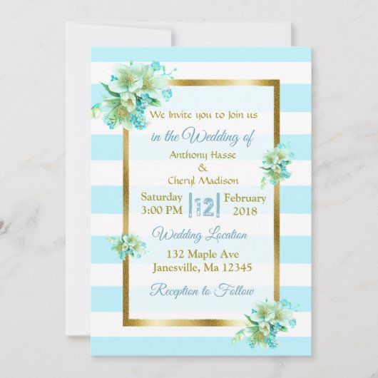 Invitations de mariage Floral Bleu et Or (Devant)