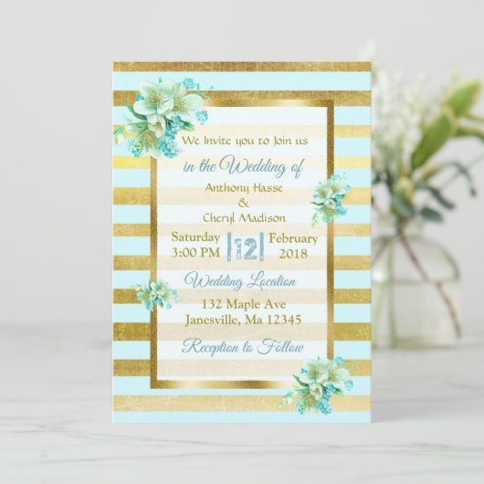 Invitations de mariage Floral Bleu et Or (Debout devant)