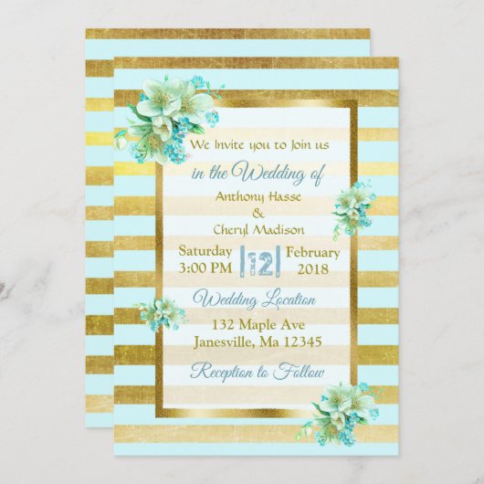 Invitations de mariage Floral Bleu et Or (Devant / Derrière)